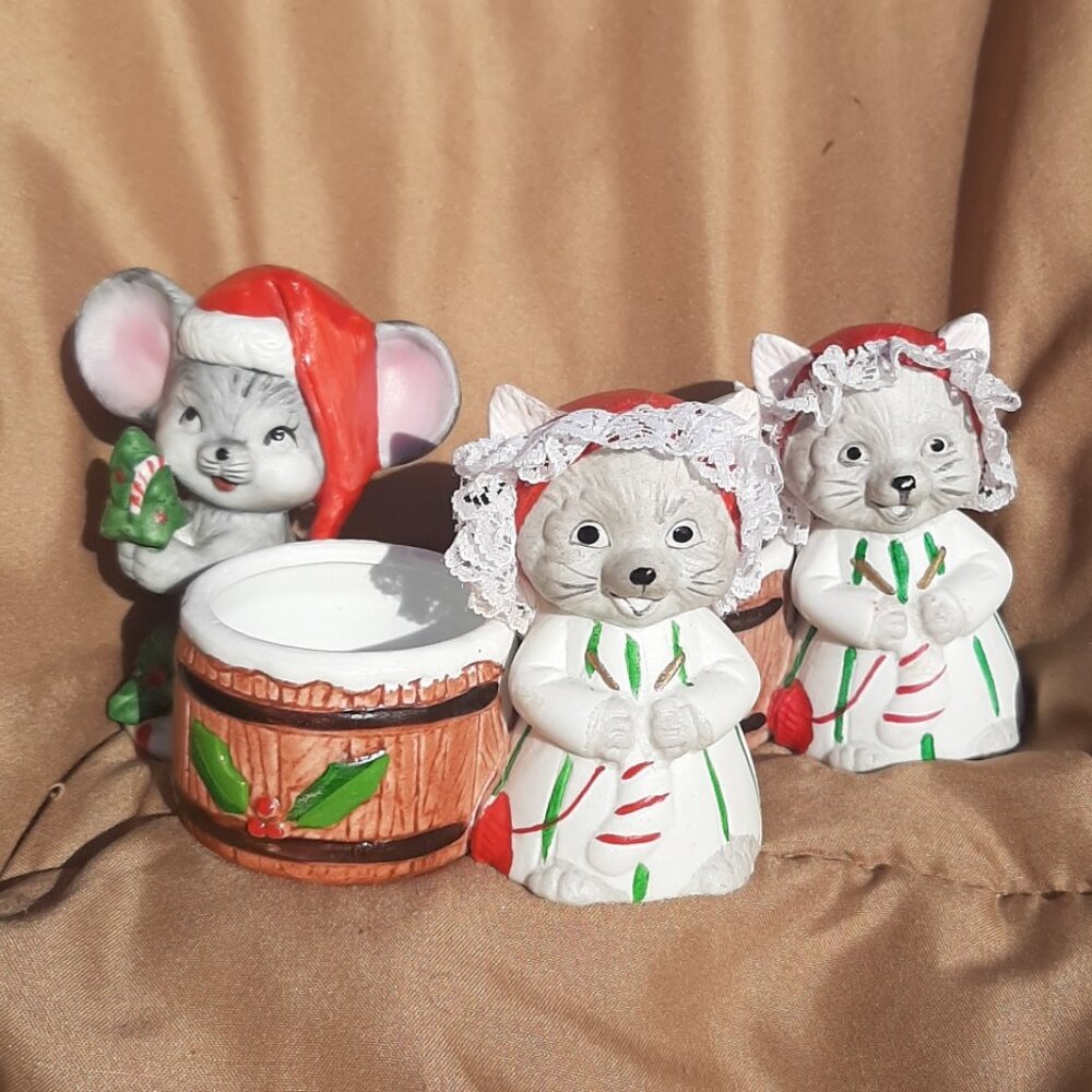 Vintage Jasco Porcelain Cat Candle Holder (2) Votive Christmas Decor and Mouse